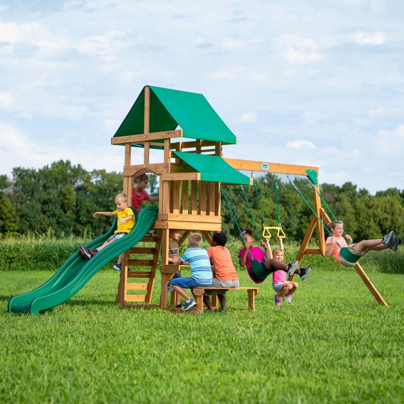 Drewniany Plac Zabaw Belmont 6w1 ze Zjeżdżalnią i Piaskownicą BACKYARD DISCOVERY