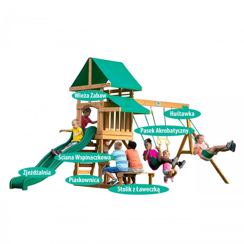 Drewniany Plac Zabaw Belmont 6w1 ze Zjeżdżalnią i Piaskownicą BACKYARD DISCOVERY