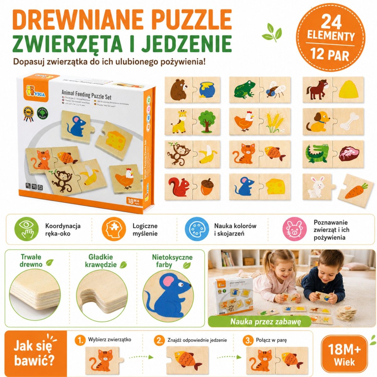 Drewniane Puzzle Nakarm Zwierzątko co Jedzą Zwierzęta Układanka VIGA – zdjęcie 21