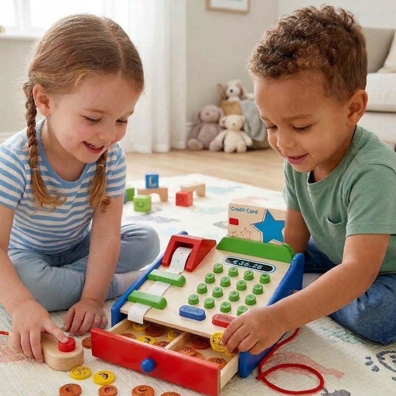 Drewniana Kasa Sklepowa Montessori z Akcesoriami i Skanerem VIGA Toys