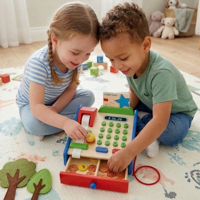 Drewniana Kasa Sklepowa Montessori z Akcesoriami i Skanerem VIGA Toys
