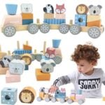 VIGA PolarB Drewniana Kolejka z Wagonikami i Zwierzątkami Do Układania Montessori
