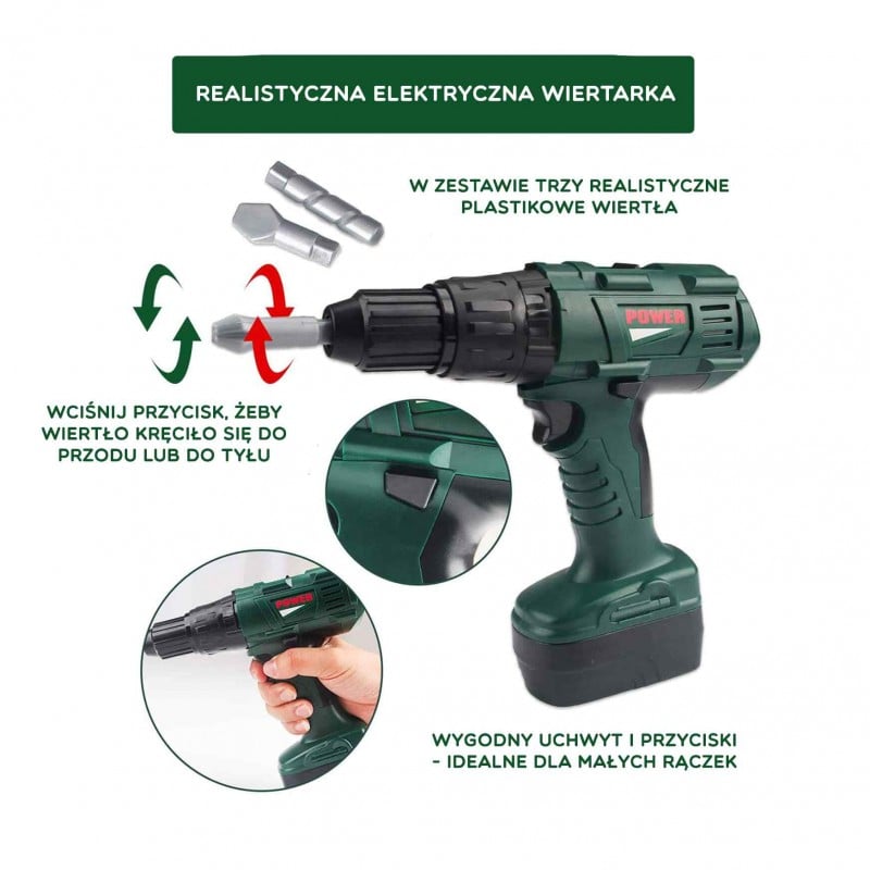 WOOPIE Skrzynka z Narzędziami dla Dzieci Zestaw Majsterkowicza Wkrętarko-Wiertarka 15 el.