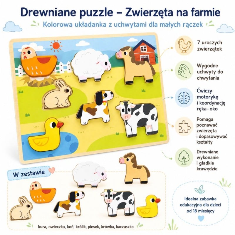 Drewniane Puzzle Montessori 2w1 z Figurkami Farmy VIGA