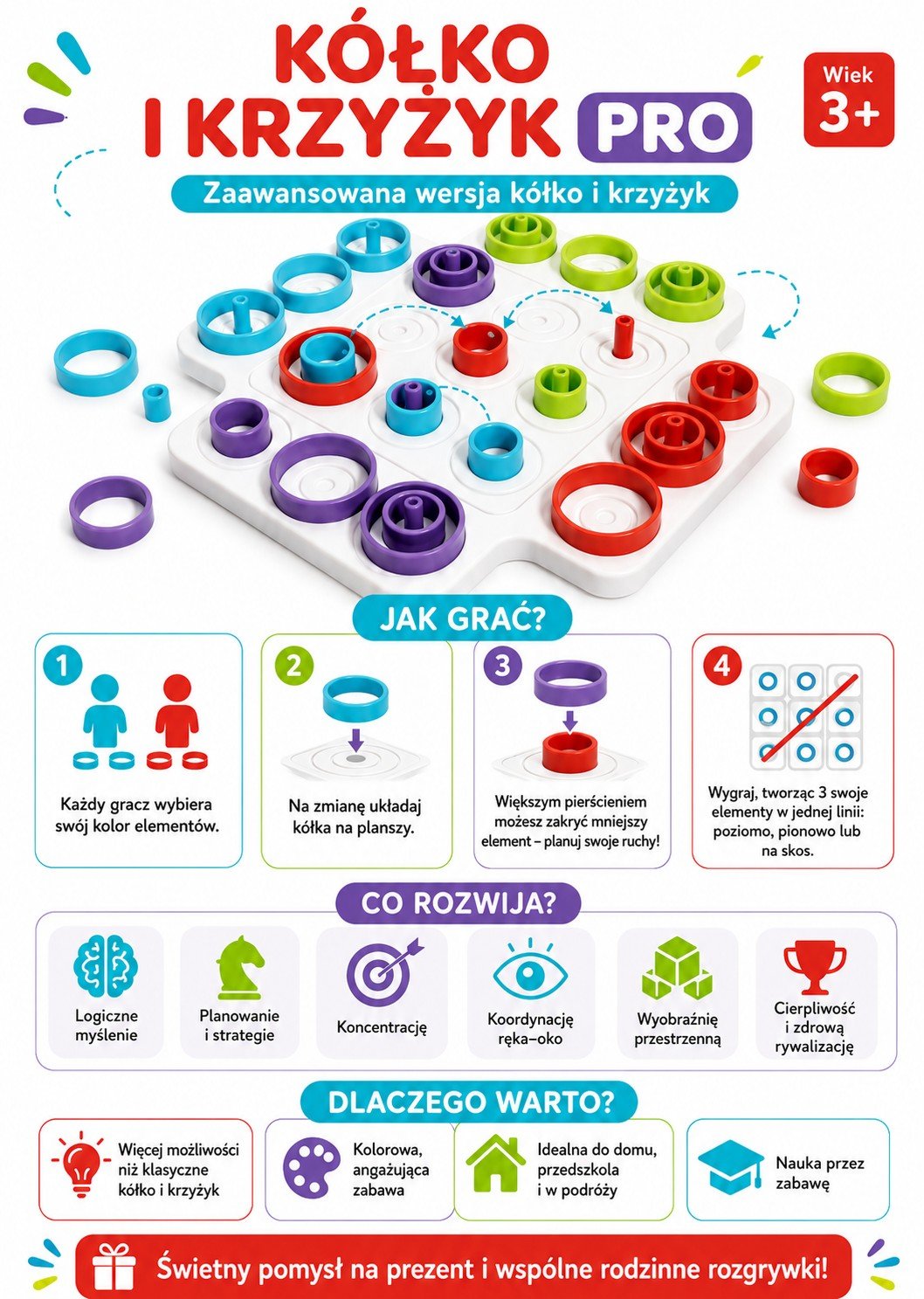 Gra Logiczna Strategiczna Trening Mózgu Kółko i Krzyżyk 36 el. WOOPIE IQ – zdjęcie 12