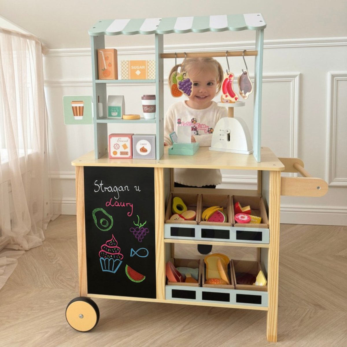 WOOPIE GREEN Sklepik Duży Wielofunkcyjny Drewniany Stragan Food Truck 73 el