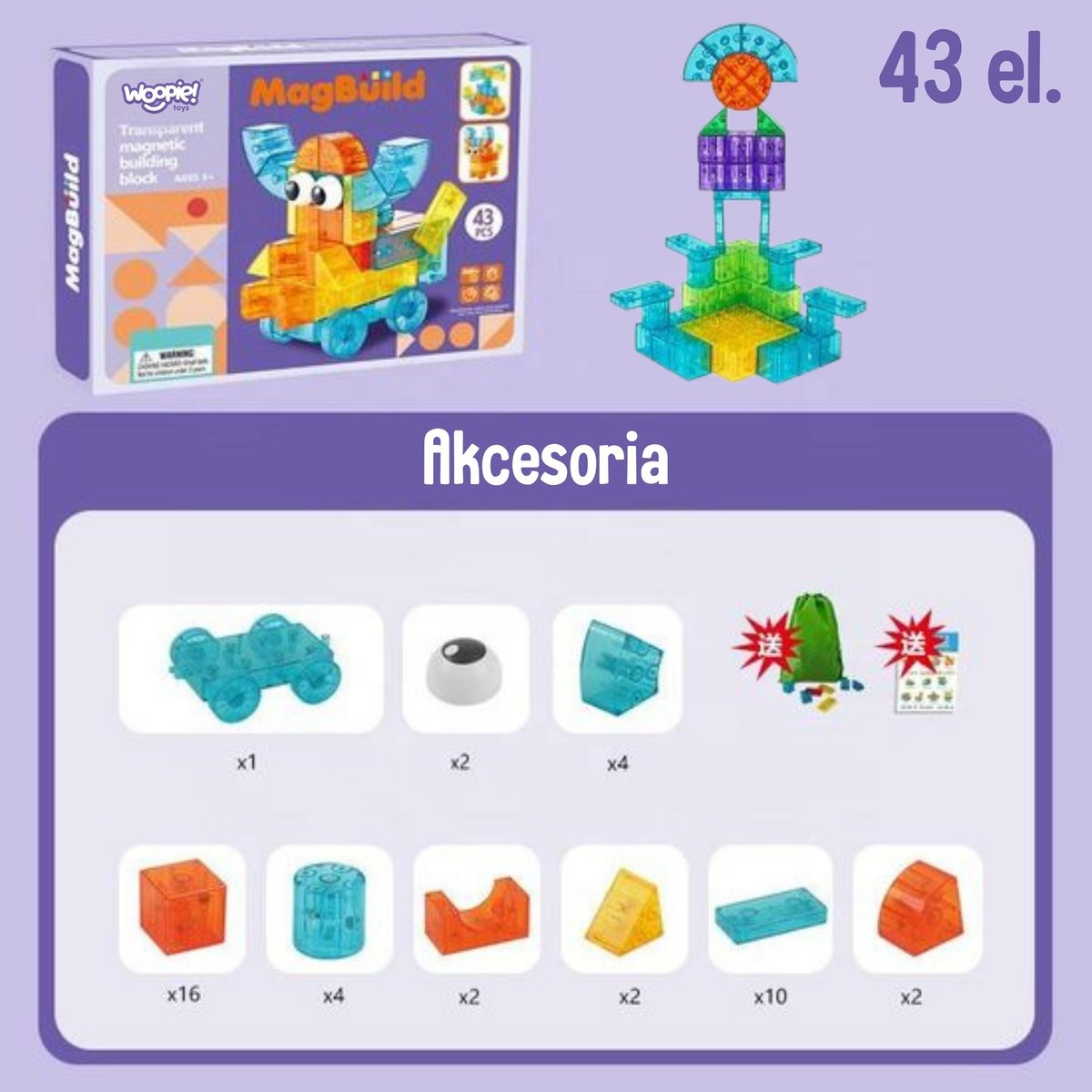 Przezroczyste Magnetyczne Klocki Konstrukcyjne 43 el. WOOPIE