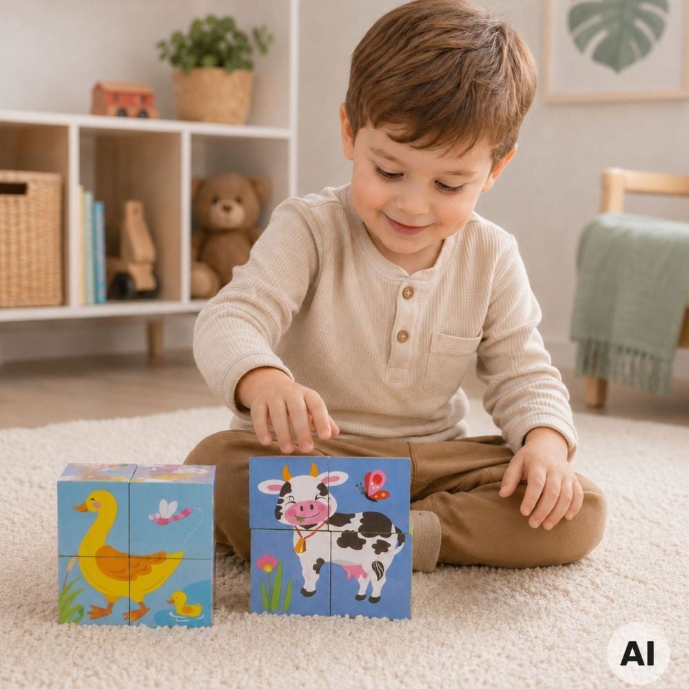Dziecko układa na dywanie dwa puzzle z kostek: kaczkę z kaczątkiem i ważką oraz krówkę z motylem