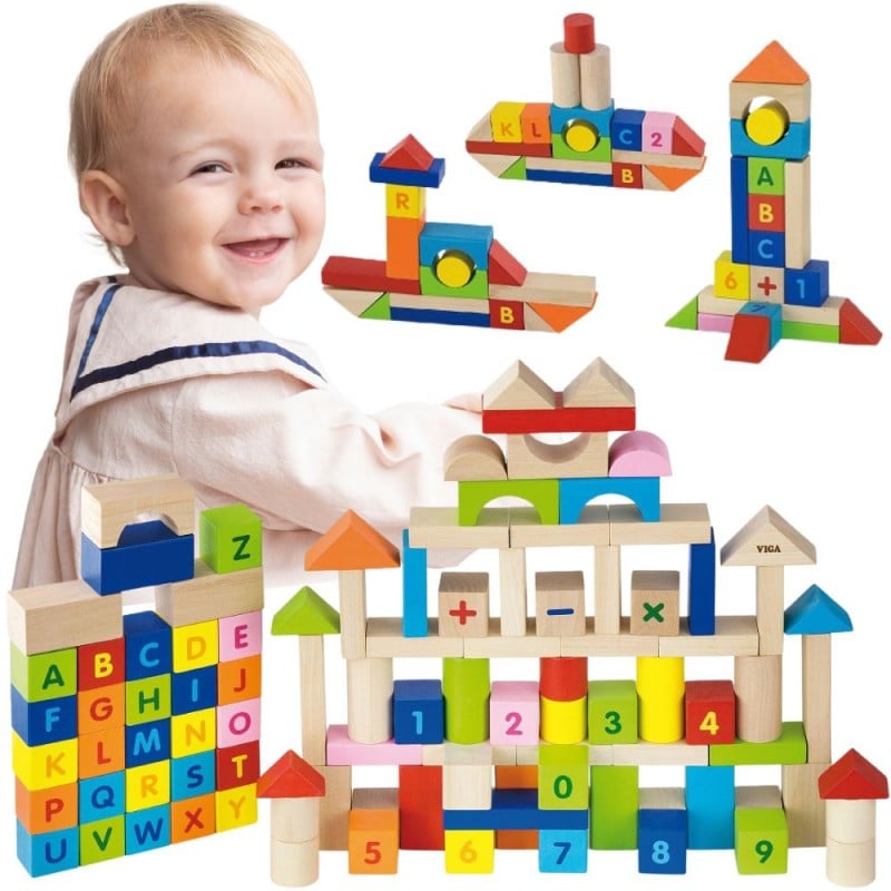 Drewniane Klocki Edukacyjne z Literkami i Cyferkami w Wiaderku 100 el. VIGA Toys