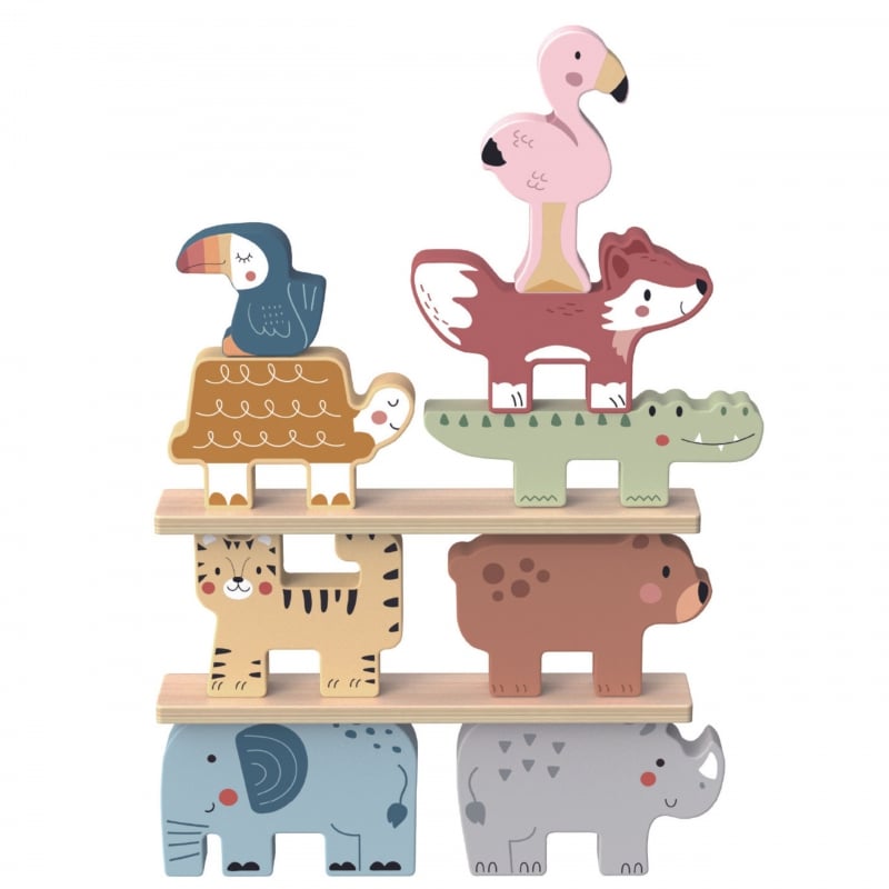 TOOKY TOY Drewniane Klocki Układanka Wieża Stacker Stosy Zwierzątka Montessori 13 el.