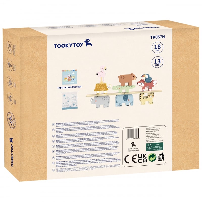 TOOKY TOY Drewniane Klocki Układanka Wieża Stacker Stosy Zwierzątka Montessori 13 el.