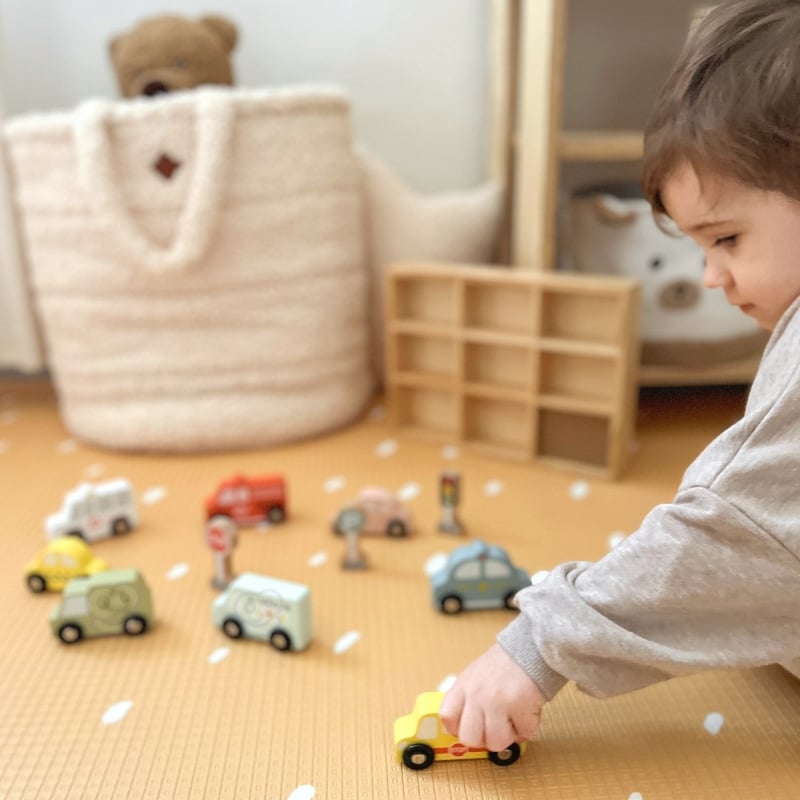TOOKY TOY Zestaw Drewnianych Pojazdów i Znaków Drogowych w Pudełku