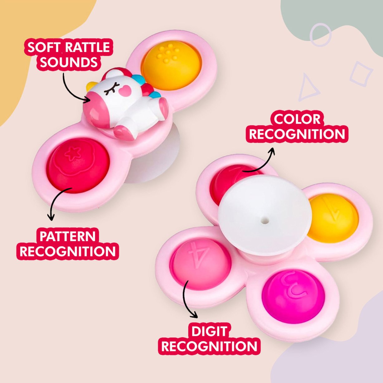 WOOPIE BABY Spinner Pop-it Zabawka Sensoryczna Jednorożec Gwiazdka Chmurka Wymienne 3 szt. Różowy