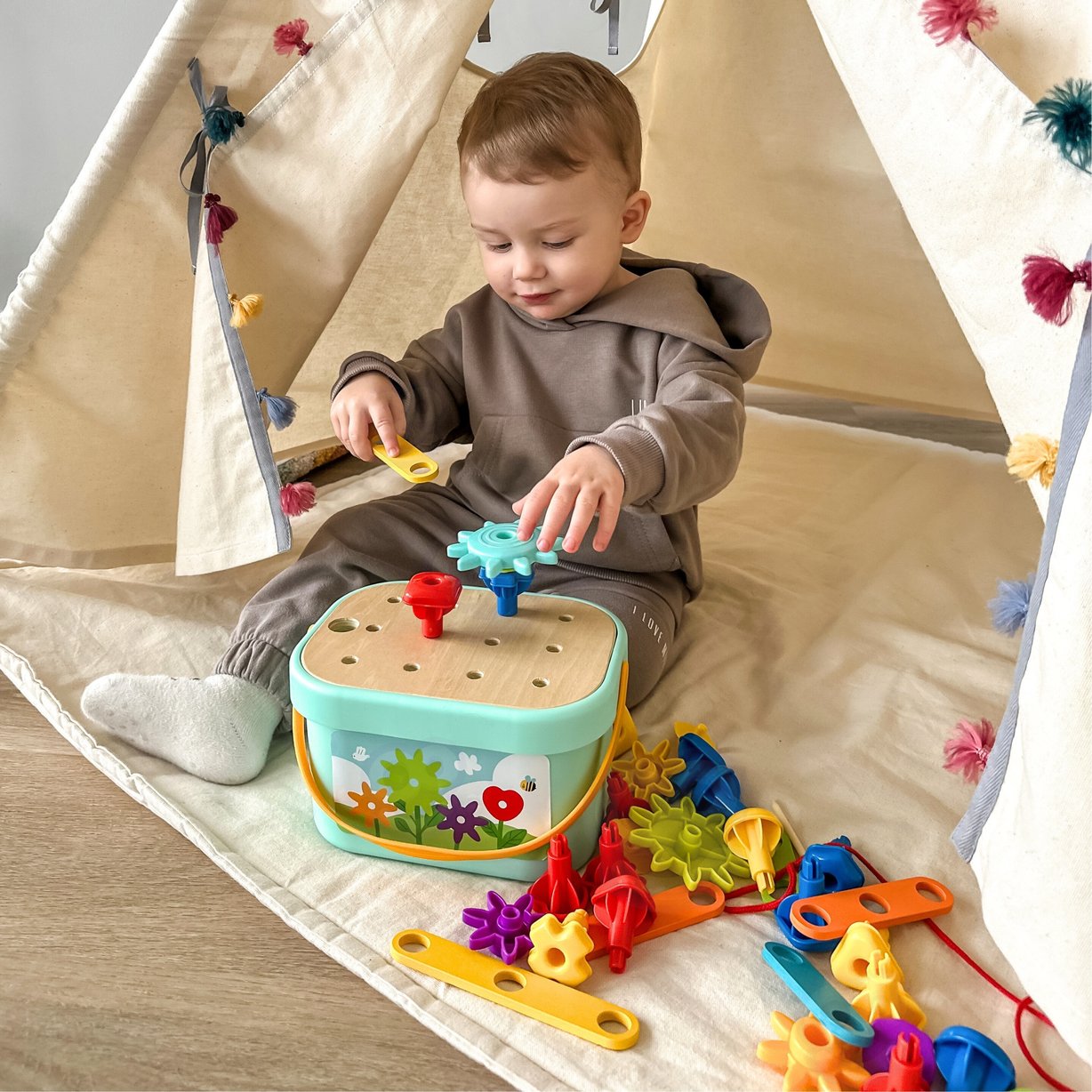 Konstrukcyjny BOX Motoryczny Montessori 12w1 FSC WOOPIE GREEN – zdjęcie 13