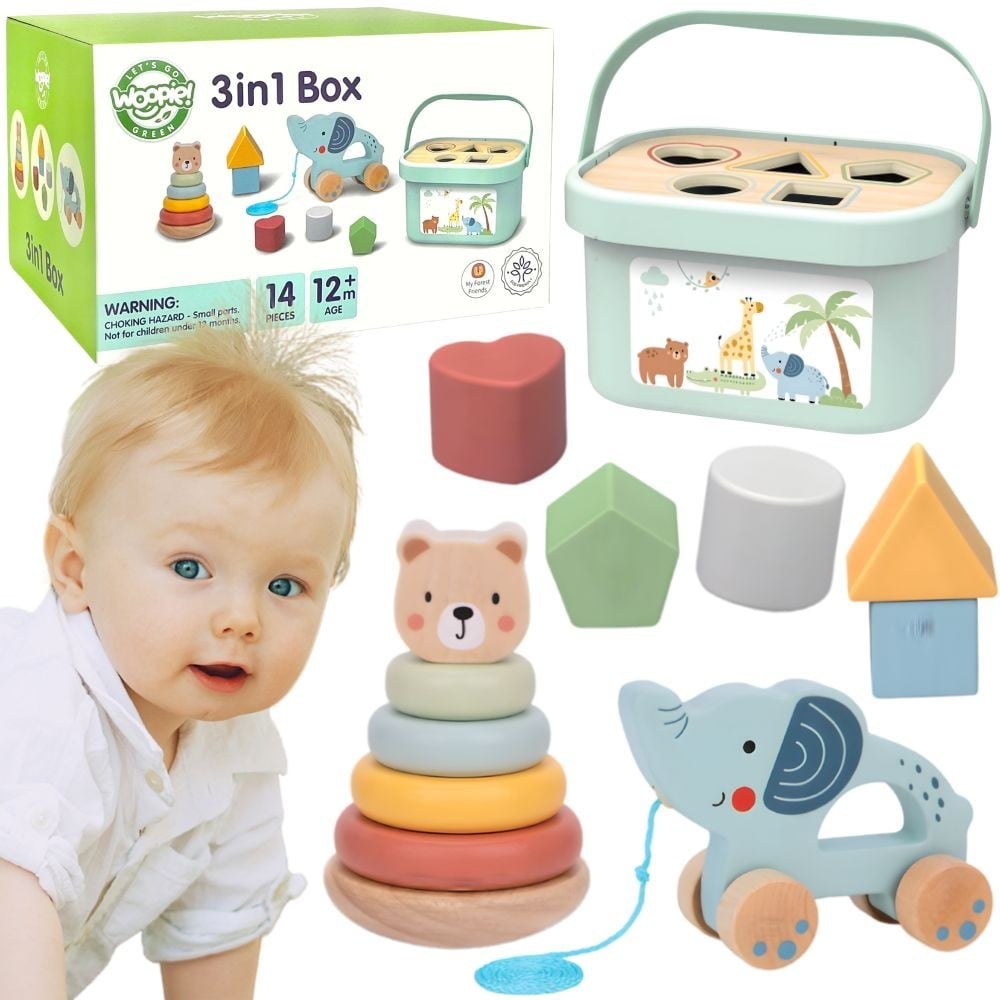 Pudełko Sorter Box 3w1 Klocki Piramidka Słonik FSC WOOPIE GREEN – zdjęcie 15
