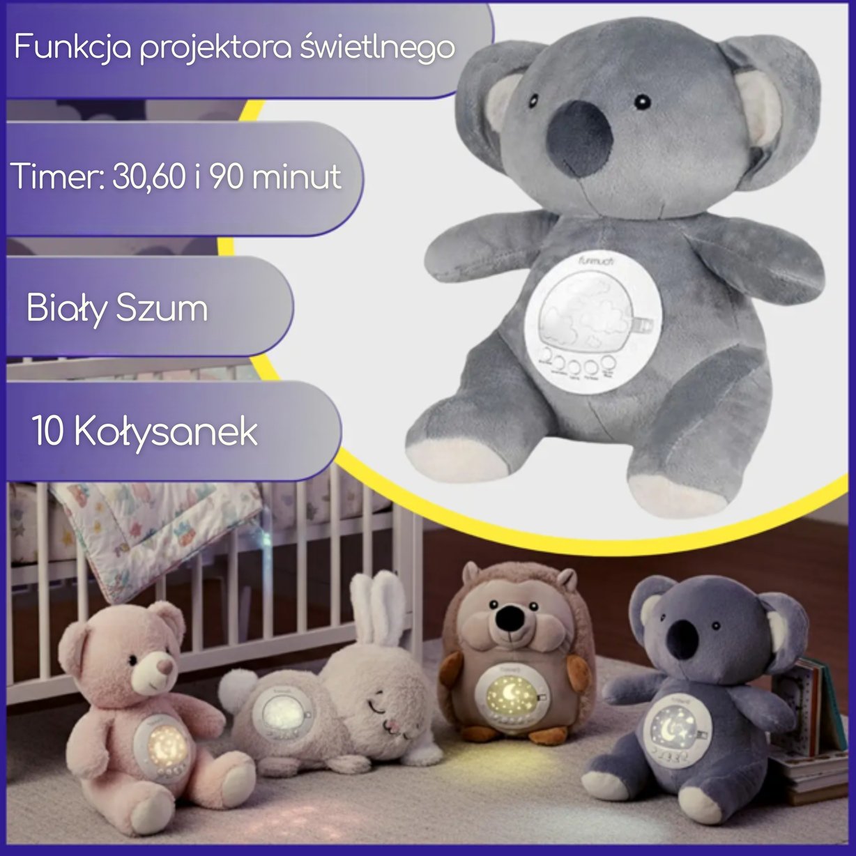 Przytulanka Koala z Projektorem i Białym Szumem Usypiacz z Czujnikiem Płaczu WOOPIE BABY
