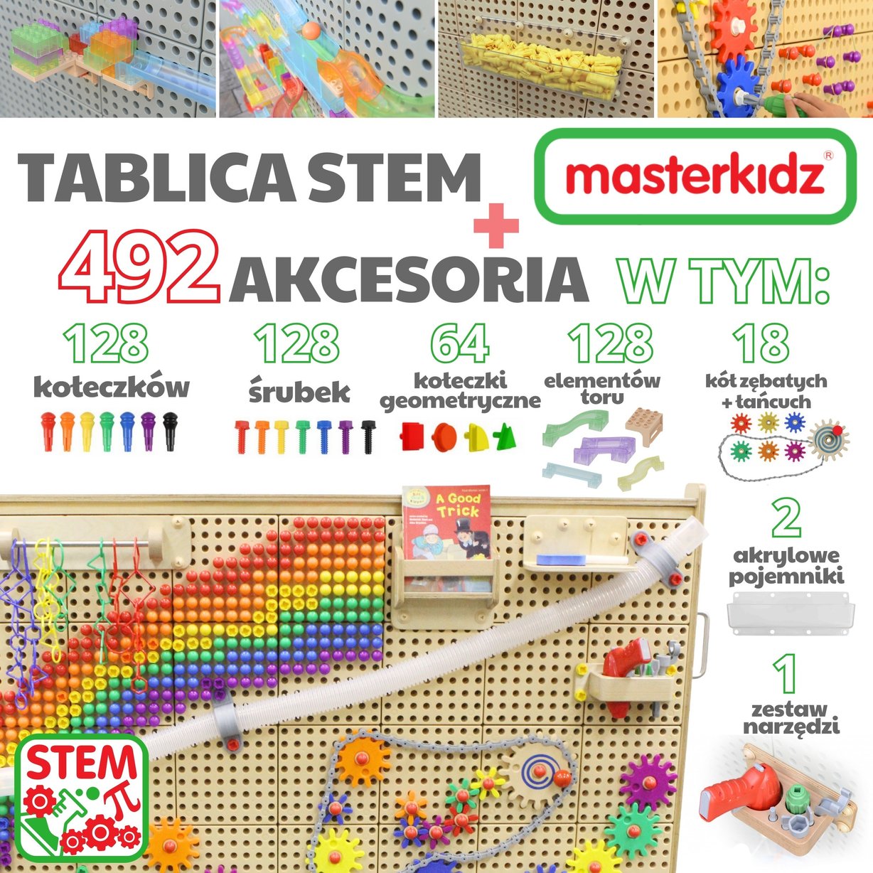 MASTERKIDZ Wolnostojąca Tablica Ściana STEM 166 x 125 cm + Akcesoria Kołki Zębatki Klocki Narzędzia Tor Kulkowy