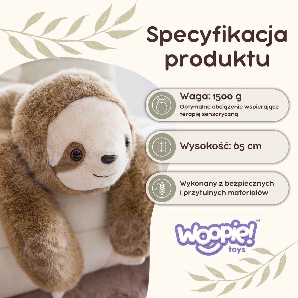 Pluszak Obciążeniowy Leniwiec Ciężkomiś 65 cm 1,5 kg WOOPIE