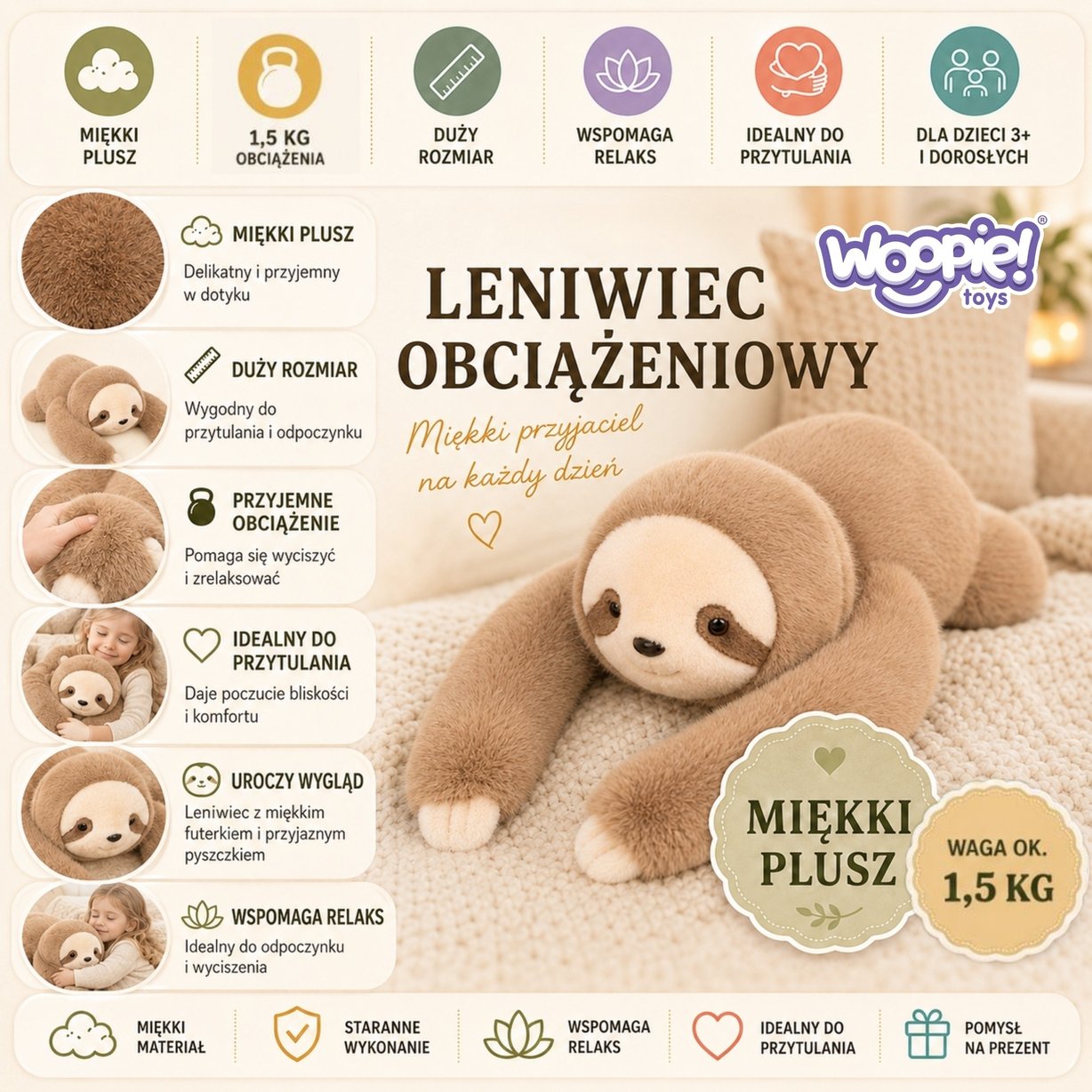 WOOPIE Pluszak Obciążeniowy Leniwiec Antystresowy Sensoryczny Ciężkomiś Przytulanka 65cm 1500g