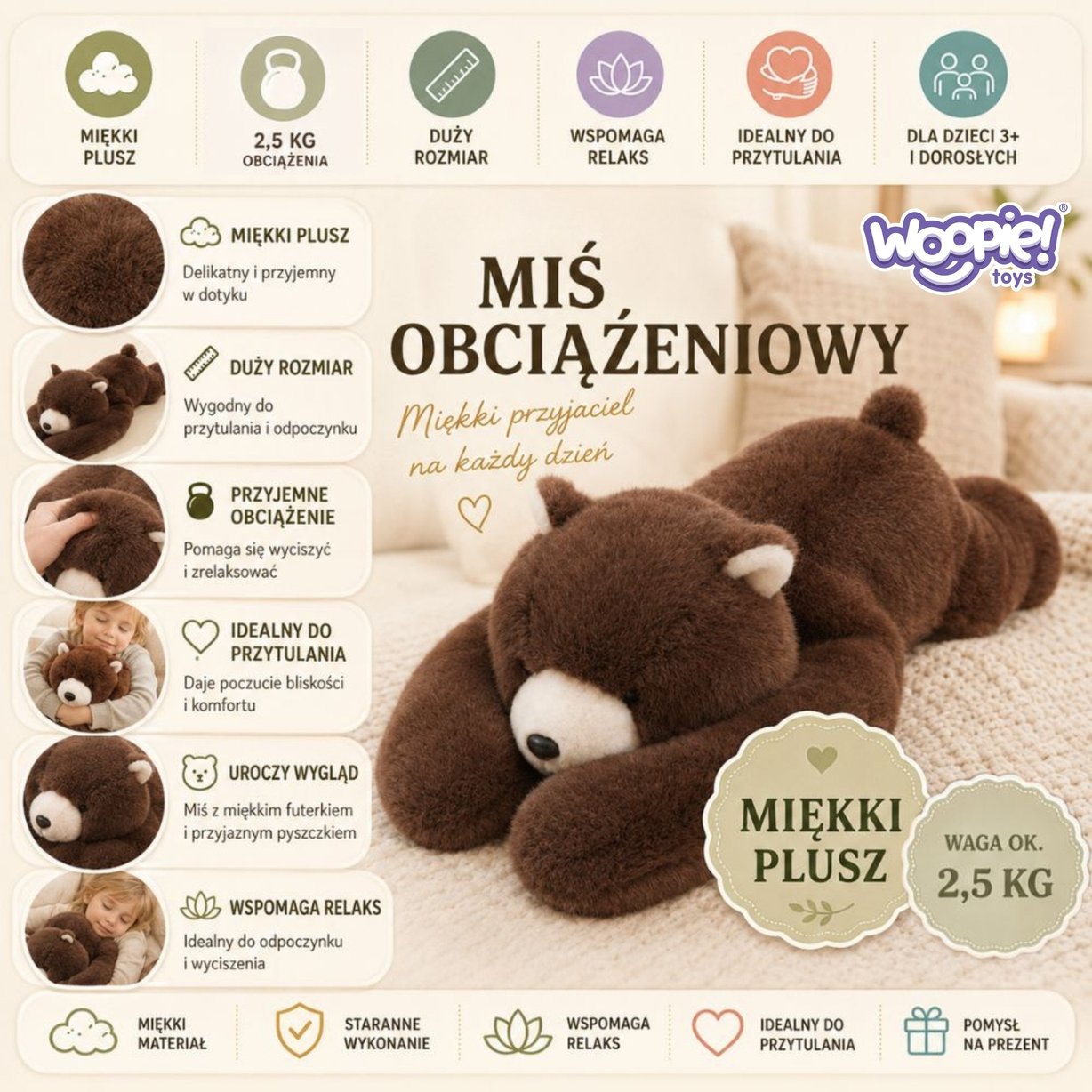 WOOPIE Pluszak Obciążeniowy Miś Balboa Antystresowy Sensoryczny Ciężkomiś Przytulanka 65cm 2500g