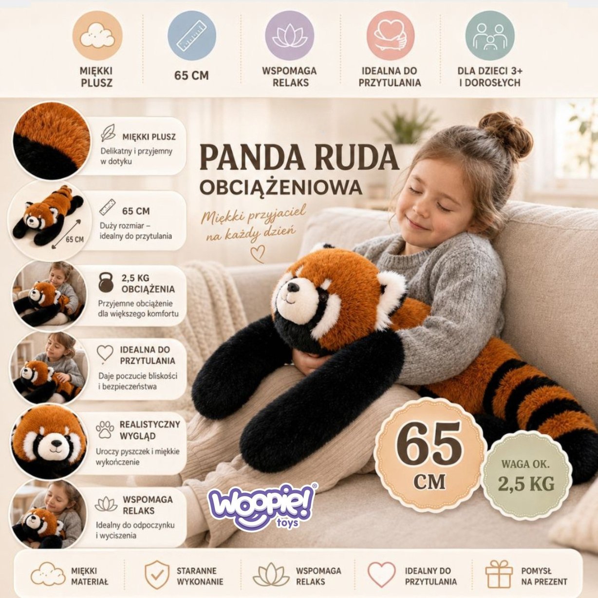 Pluszak Obciążeniowy Ruda Panda Ciężkomiś 65 cm 2,5 kg WOOPIE
