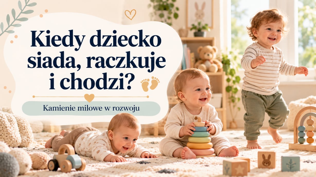 Kiedy dziecko siada, raczkuje i chodzi - niemowlę leży na brzuszku, drugie siedzi z drewnianą piramidką, a roczny maluch stawia pierwsze kroki