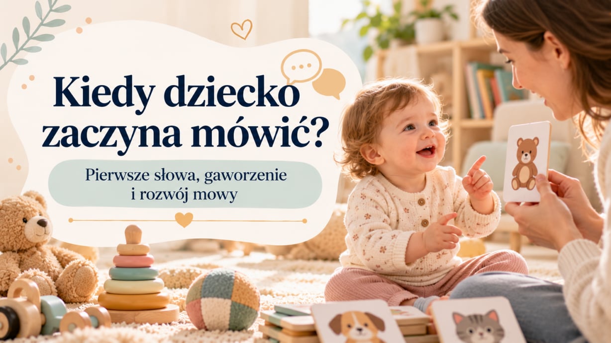Kiedy dziecko zaczyna mówić - roześmiany maluch pokazuje palcem kartę z misiem, którą trzyma mama