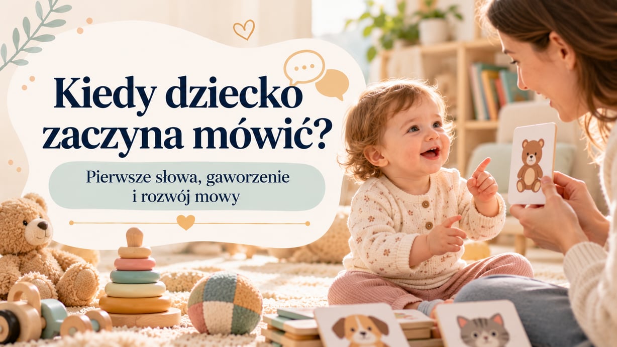 Kiedy dziecko zaczyna mówić - roześmiany maluch pokazuje palcem kartę z misiem, którą trzyma mama