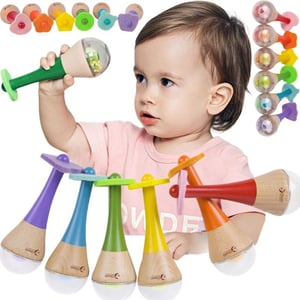 Grzechotka 2w1 Drewniany Instrument Tęczowy Marakas 1 szt. CLASSIC WORLD
