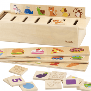 Drewniany Edukacyjny Sorter Gra Zwierzątka Owoce Warzywa Montessori VIGA