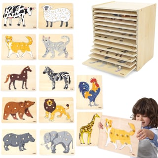 Zestaw Puzzle Drewniane 12 Układanek Zwierzątka Montessori + Stojak VIGA