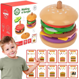Drewniany Burger Układanka z Kartami Wzorów 15 el. FSC WOOPIE GREEN
