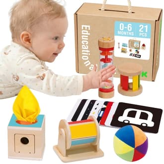 Box Montessori dla Niemowlaka 6w1 Karty Kontrastowe Grzechotki Bębenek TOOKY TOY