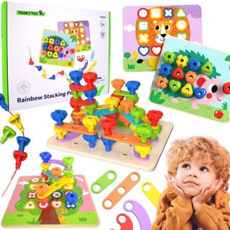 Drewniana Tablica z Kołeczkami Montessori do Budowania i Nawlekania TOOKY TOY