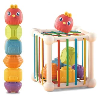 Elastyczna Kostka Sensoryczna Sorter dla Dzieci Zwierzątka + Grzechotka 7 el. WOOPIE BABY