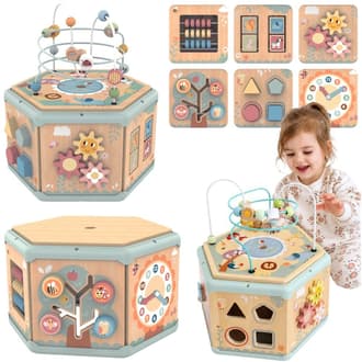 Drewniana Kostka Manipulacyjna 7w1 Sześciokąt Montessori ze Schowkiem TOOKY TOY