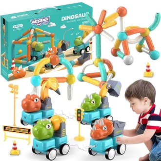 Klocki Magnetyczne Dinozaury Pojazdy Budowlane z Pałeczkami i Kulkami 84 el. WOOPIE