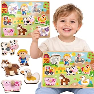 Drewniane Puzzle Montessori Farma z Pinezkami do Dopasowania WOOPIE GREEN