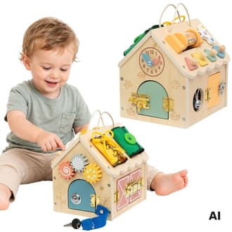 Drewniany Domek Manipulacyjny z Zamkami i Sorterem Kształtów TOOKY TOY