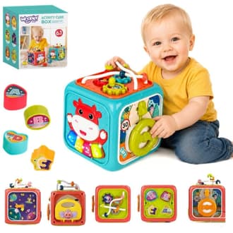 Interaktywna Kostka Sensoryczna Montessori 6w1 z Pianinkiem i Sorterem WOOPIE BABY