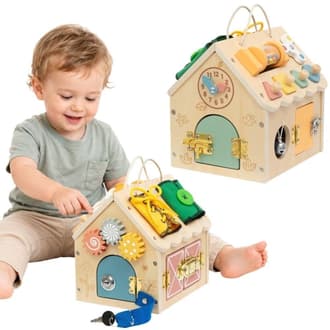 Drewniany Domek Manipulacyjny z Zamkami i Sorterem Kształtów TOOKY TOY