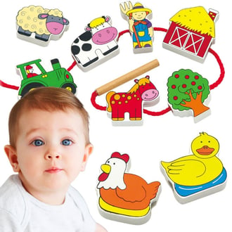 Drewniana Przeplatanka Klocki Farma do Nawlekania Montessori VIGA