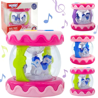 Bębenek Pozytywka Projektor 3w1 Zabawka Muzyczna dla Niemowląt + Walec Roller do Nauki Raczkowania 10,5 x 10,5 x 11,5 cm WOOPIE BABY