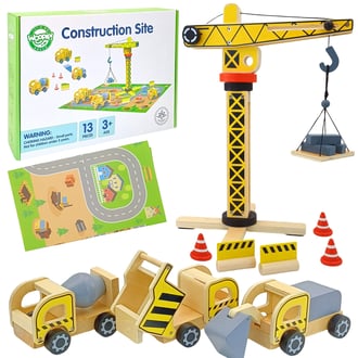 Drewniany Plac Budowy 5w1 Ruchomy Dźwig XXL Pojazdy Budowlane 13 el. FSC WOOPIE GREEN