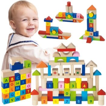 Drewniane Klocki Edukacyjne z Literkami i Cyferkami w Wiaderku 100 el. VIGA Toys