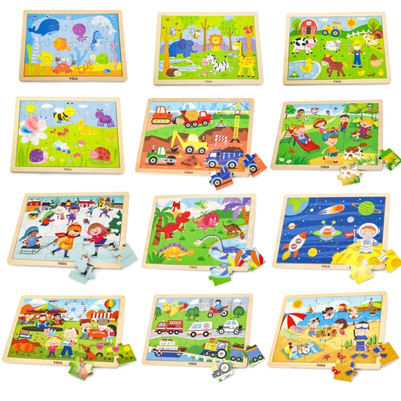 VIGA Zestaw Puzzle drewniane 12 układanek po 24 el. na stojaku