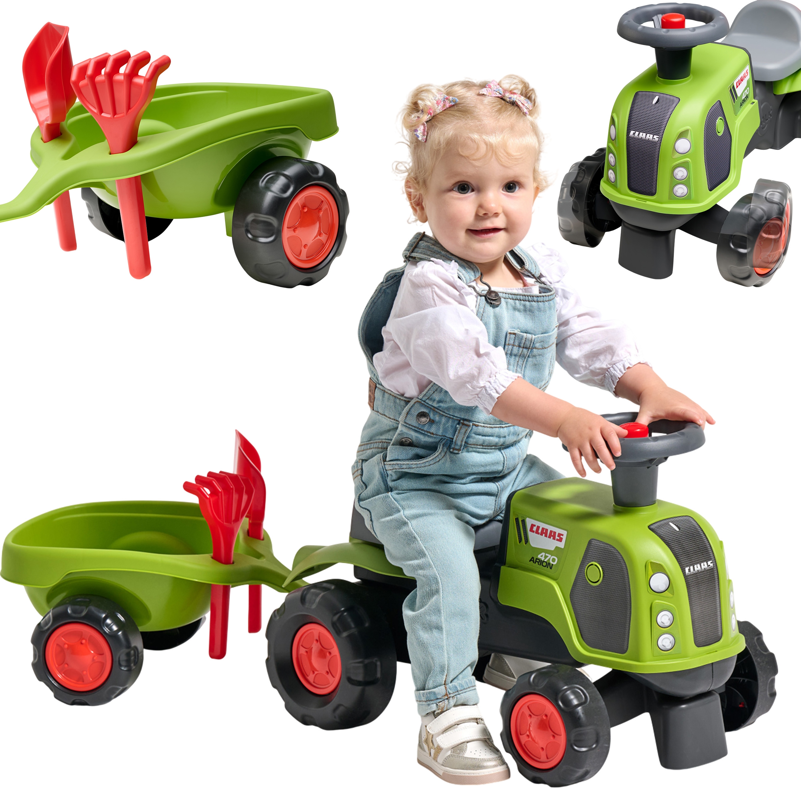 FALK Jeździk Claas 470 Arion Zielony z Przyczepką  + Zestaw do piasku FALK Jeździk Claas 470 Arion Zielony z Przyczepką  + Zestaw do piasku